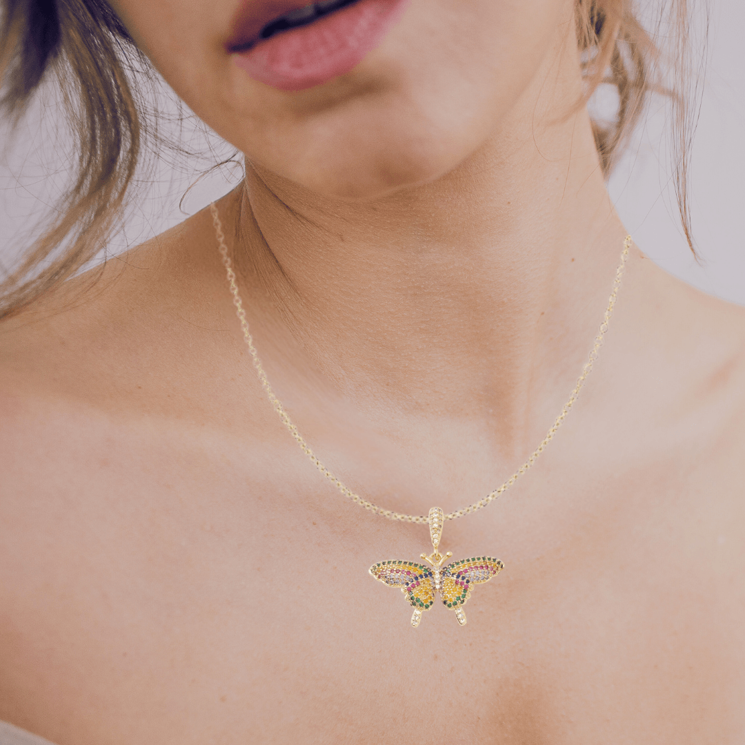 Colorful Micro Pave Cubic Zirconia 18K Gold Plated Butterfly Necklace - The Kindness Cause
