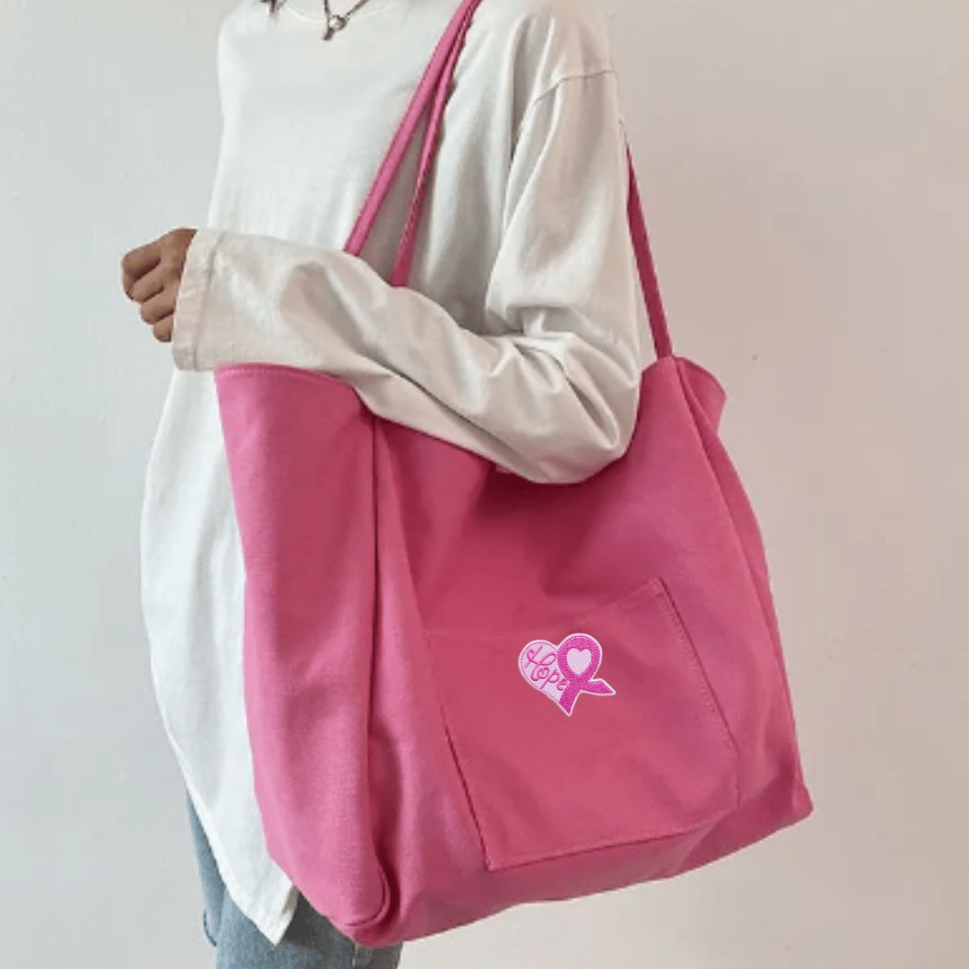 Hope Pink Ribbon Breast Cancer Large Canvas Tote Bag - The Kindness Cause