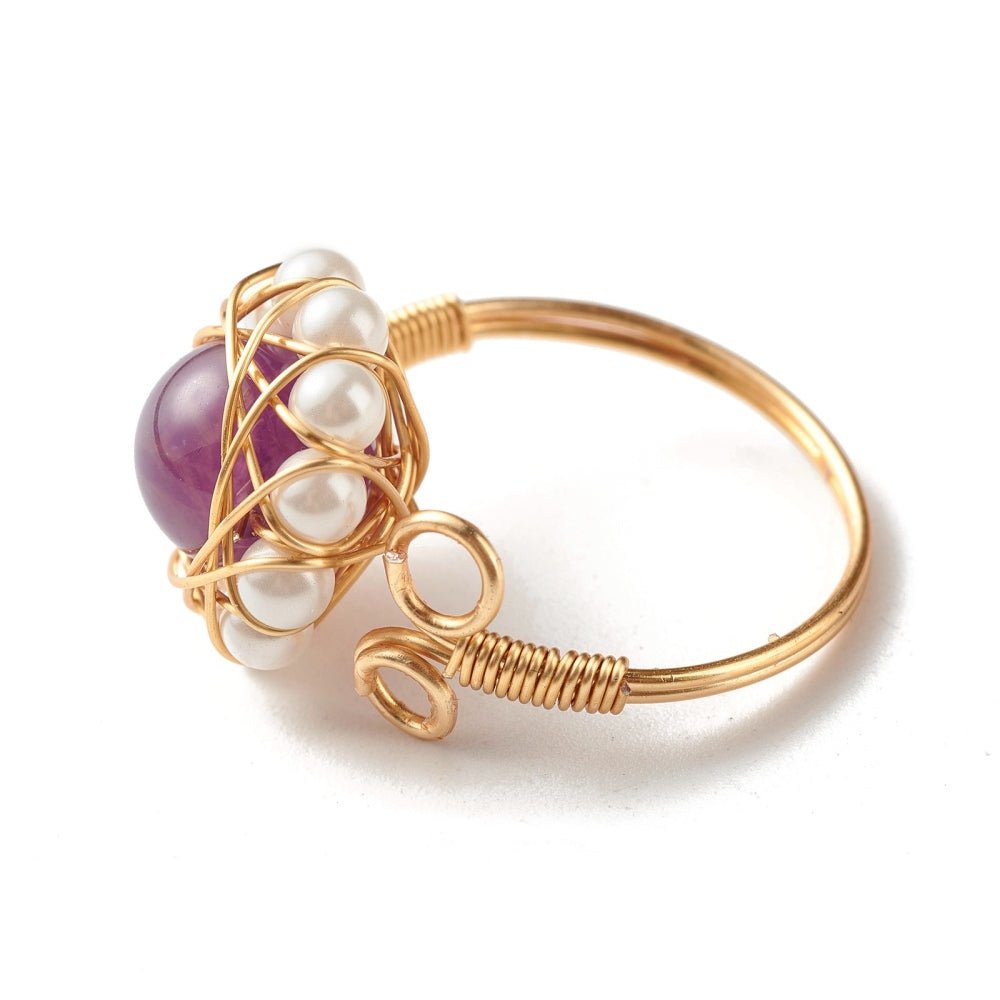 Natural Gemstone and Pearl Wire Wrap Adjustable Ring - The Kindness Cause
