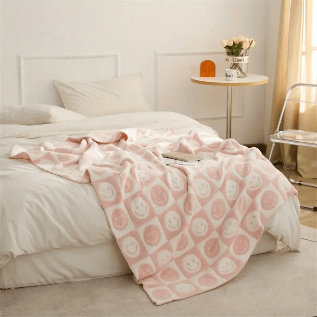 Pink Checkered Smiley Face Soft Cozy Throw Blanket - The Kindness Cause