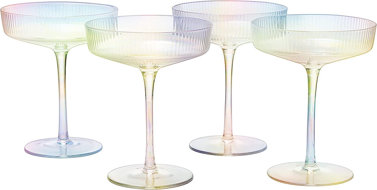 Set of 4 Iridescent Ribbed Champagne Coupe Glasses by The Wine Savant - The Kindness Cause