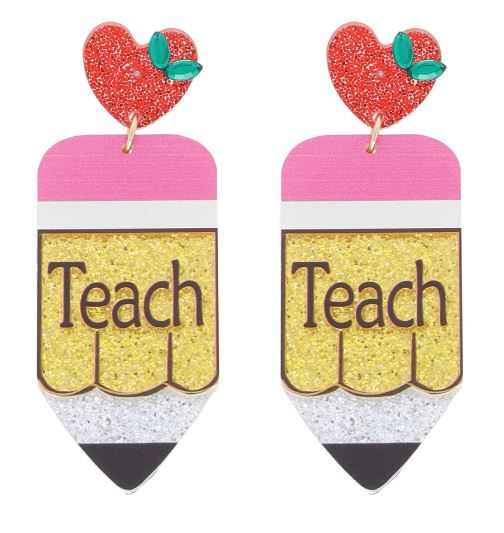 Teacher Pencil Glitter Acetate Drop Earrings - The Kindness Cause