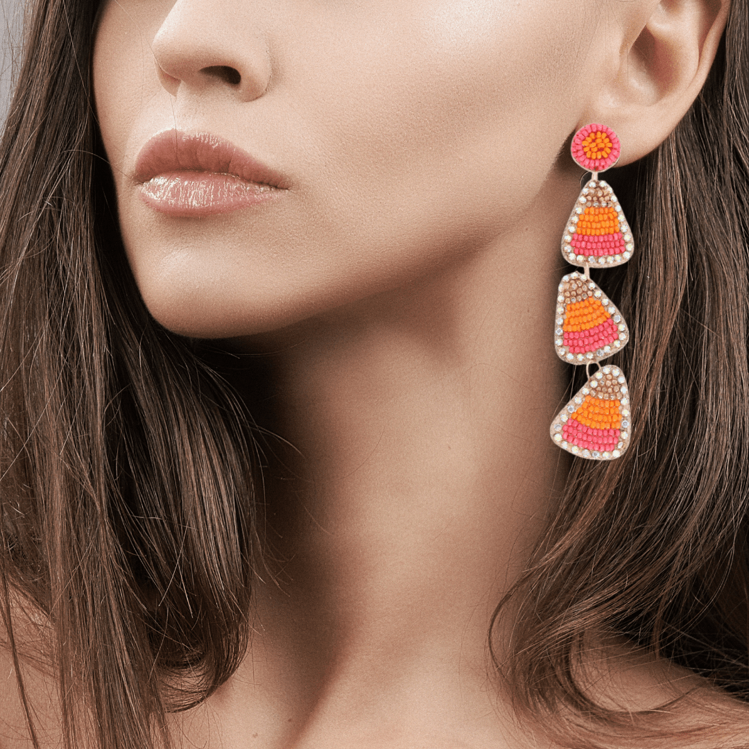 Tiered Beaded Candy Corn Halloween Earrings with Rhinestones - The Kindness Cause