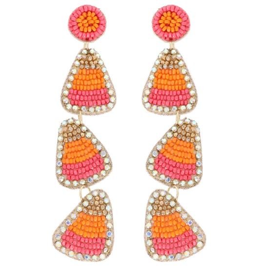 Tiered Beaded Candy Corn Halloween Earrings with Rhinestones - The Kindness Cause